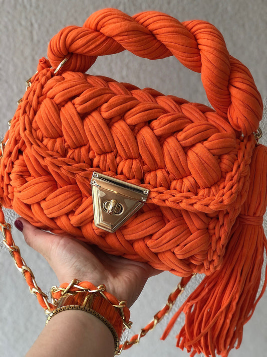 Fiery Orange Woven Handbag