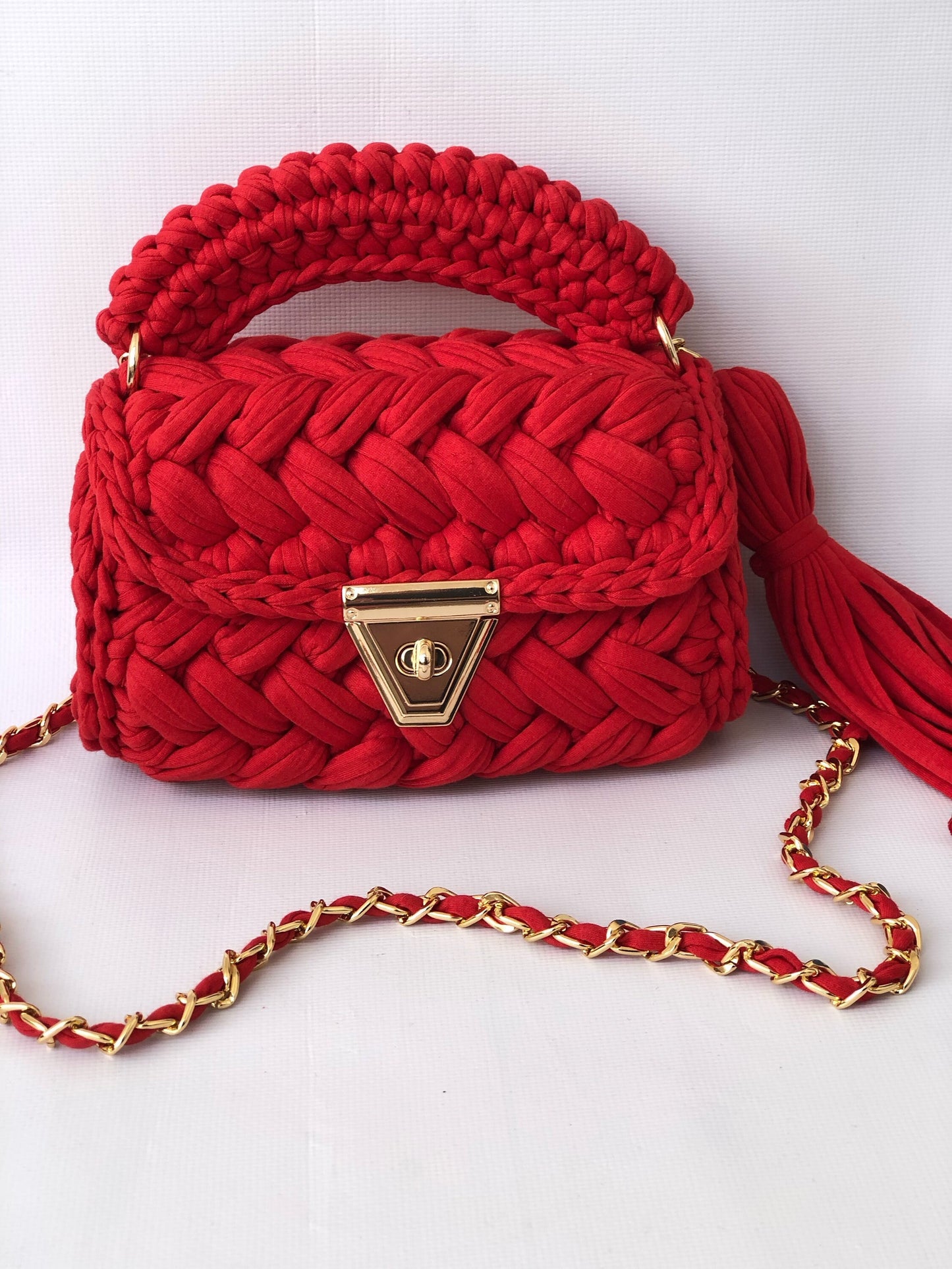 Crimson Woven Elegance Handbag