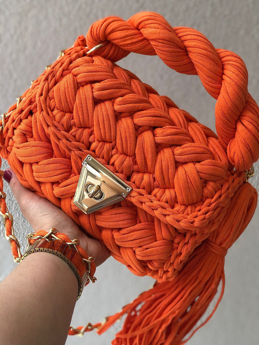 Fiery Orange Woven Handbag
