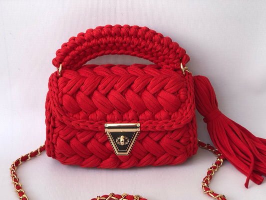 Crimson Woven Elegance Handbag
